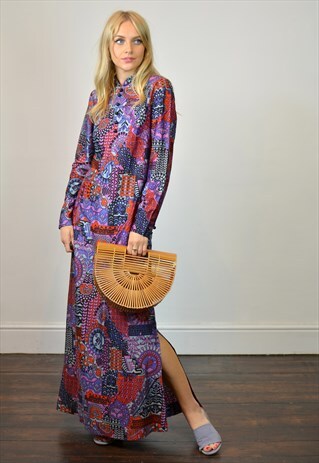 VINTAGE 70S PURPLE & RED PSYCHEDELIC FESTIVAL MAXI DRESS