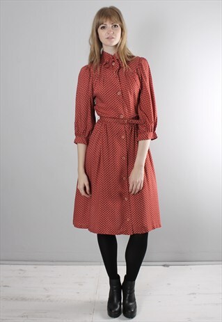 VINTAGE 80S RED PATTERNED PUFF SLEEVE BELTED DRESS