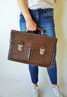 Vintage Brown Leather Bag Purse Hand Bag Tote Portfolio