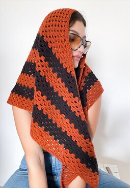 Vintage 90s striped crochet triangle scarf in brown / black