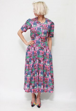 VINTAGE 80'S BEAUTIFUL AMAZING FLOWER COLORFUL LONG DRESS