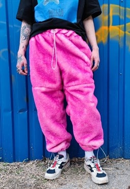 Festival faux fur joggers fleece trousers Tie-dye pants pink