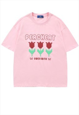 Floral print t-shirt Tulip tee retro patch top pastel pink