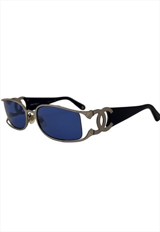 Chanel Sunglasses Logo CC Blue Oval Rimless Silver Monogram 