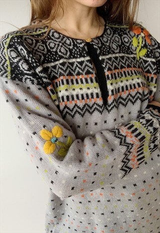 VINTAGE 70S RETRO FAIR ISLE BOHO KNIT CHRISTMAS JUMPER