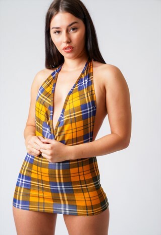 YELLOW TARTAN CHECK SHORT BACKLESS MINI DRESS