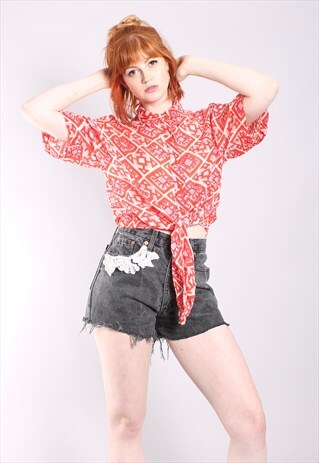 VINTAGE 80S ABSTRACT PATTERNED TIE UP SHIRT CROP TOP