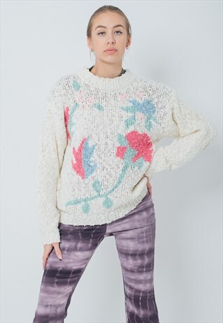 VINTAGE BOXY FIT HIGH NECK KNITWEAR JUMPER IN FLORAL PRINT