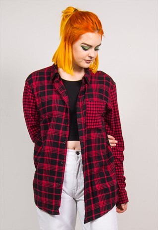 VINTAGE 90'S DARK RED CHECKED OVERSIZED FLANNEL SHIRT