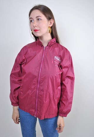 VINTAGE CHERRY RED HOODED COACH JACKET, SIZE M