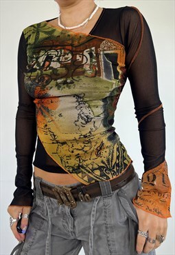 Vintage Y2k Top Mesh Graphic Print Long Sleeve Grunge Fairy