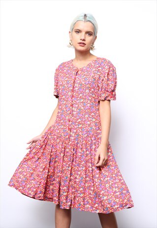 VINTAGE 90S RED FLORAL PRINT MINI DRESS
