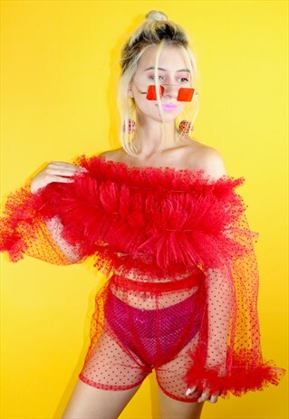 RUFFLE BARDOT CROP TOP IN POLKADOT TULLE IN RED