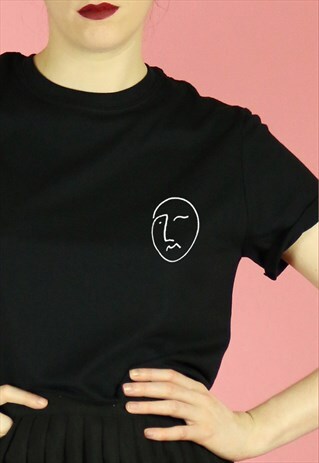 FACE BREAST PRINT LINE DRAWING T-SHIRT TOP - WHITE ON BLACK