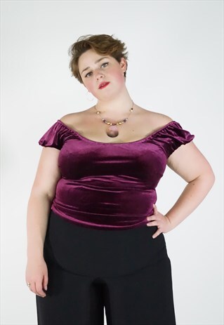 VINTAGE 90S RED VELVET BARDOT PEASANT TOP
