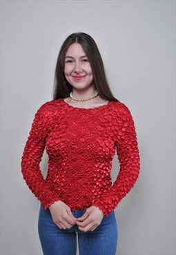 90s ruffles blouse, vintage red ruffle long sleeve shirt