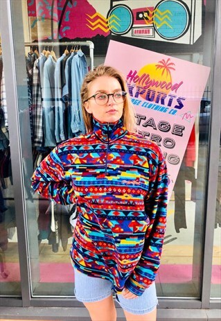 AZTEC PATTERN ZIP FRONT FUNNEL NECK FLEECE