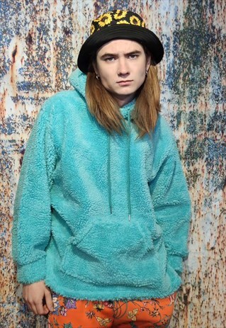 FLEECE HOODIE LOOSE FIT FLUFFY PULLOVER HOODED JUMPER TEAL