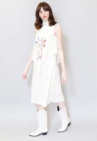 VINTAGE 1970'S WHITE FLORAL PRINT PRAIRIE MIDI DRESS