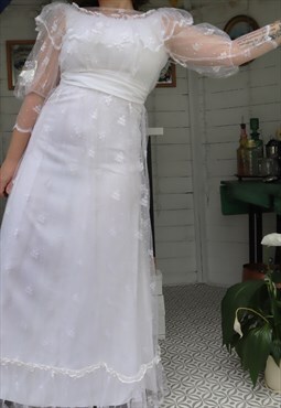 Vintage 70s White Frilly Lacey Bohemian Maxi Tulle Dress