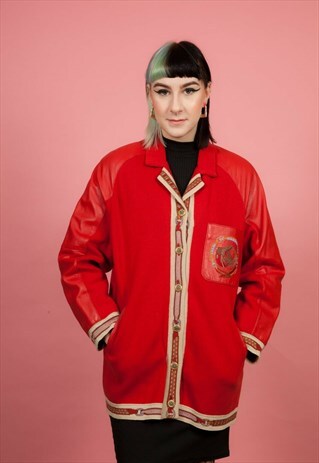 80S 90S VINTAGE RED LEATHER PANELLED CARDIGAN