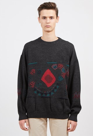 VINTAGE GREY RED LOUIS ESTERE ROUND NECK KNIT JUMPER SWEATER