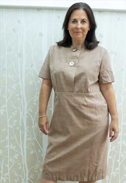 Vintage 60s Midi Dress in Taupe with Mother of Pearl Buttons