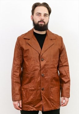 Leather Vintage Men's L Jacket Brown Button Coat 70's Blazer