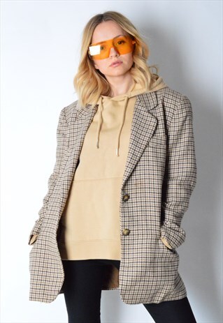 VINTAGE 90S BEIGE BROWN CHECK WOOL BLAZER
