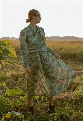 VINTAGE 60S BLOUSON ARTSY PATTERN BOW TIE COLLAR MIDI DRESS