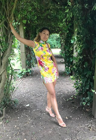 YELLOW FLORAL CHINESE STYLE DRESS