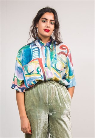90'S VINTAGE WAVEY COLOURFUL PATTERN SHORT SLEEVE SHIRT