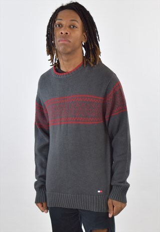 VINTAGE 90S GREY RED TOMMY HILFIGER KNIT JUMPER