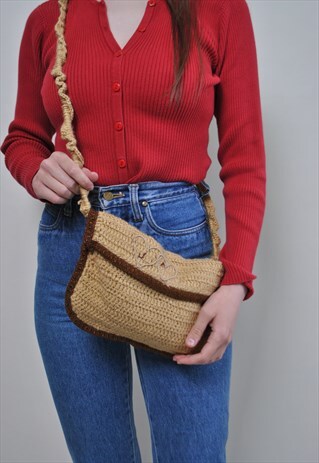 KNITTED SHOULDER BAG, VINTAGE CUTE KNIT BOHO PURSE, 80S
