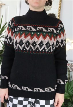 Vintage 90s Black Funky Nordic Geometric Wool Jumper Sweater