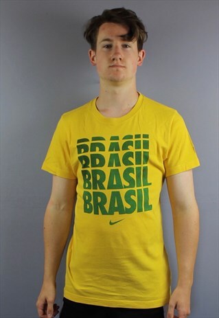 VINTAGE NIKE BRAZIL T SHIRT IN YELLOW WITH PRINTED LOGOS ON