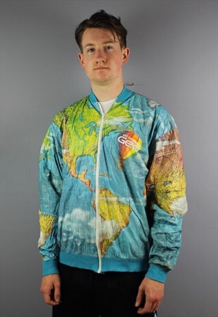 VINTAGE WINDBREAKER SHELL JACKET IN BLUE WITH ATLAS MAP PRIN