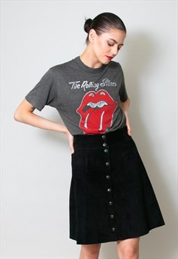 70's Vintage Ladies Black Suede A Line Popper Skirt