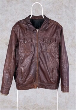 Vintage Genuine Leather Jacket Brown Large