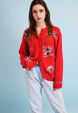 80'S RETRO FLORAL PATTERN RED HANDKNITTED CARDIGAN TOP