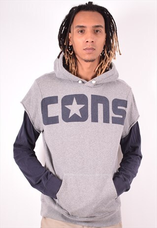 CONVERSE MENS VINTAGE HOODIE JUMPER MEDIUM GREY 90S
