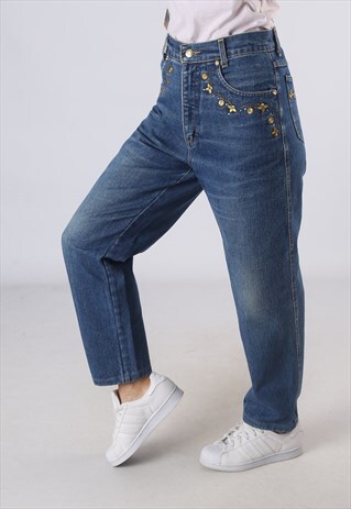 VINTAGE HIGH WAISTED DENIM JEANS WIDE TAPERED UK 12 (C1H)