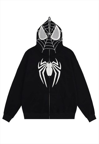 SPIDER HOODIE FULL ZIP UP PULLOVER GOTHIC TOP IN BLACK