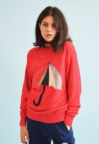 80'S RETRO KNIT UMBRELLA EMBROIDERED JUMPER