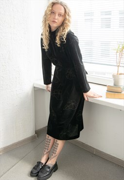 Vintage 70's Black Midi Long Sleeved Velvet Dress