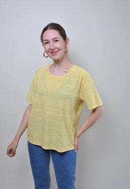 Vintage yellow transparent tshirt, retro embroidered tee