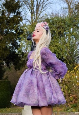 Purple Floral Organza Puff Dress Sizes 4-24 Plus Size