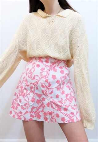 GROOVY 60S RETRO VINTAGE PINK & WHITE FLORAL MOD MINI SKIRT