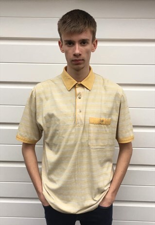 MENS VINTAGE 80S YELLOW STRIPY SHORT SLEEVE POLO SHIRT TOP