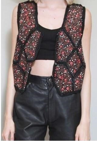 VINTAGE 1970'S BLACK & RED SUEDE FLORAL PATCHWORK WAISTCOAT